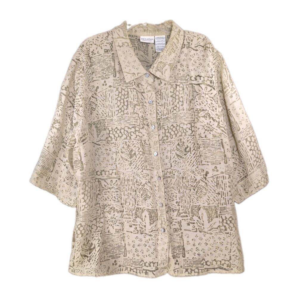 White Stag Shirt Women Plus 22W 24W Sheer Floral Button Down Shell Buttons Beige